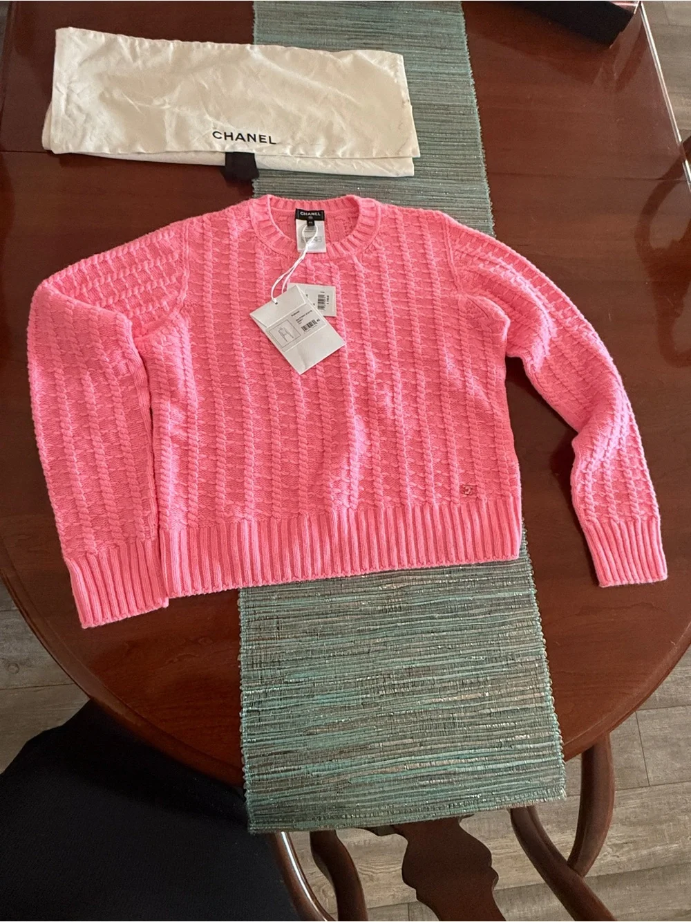NEW CHANEL Barbie Pink Cable-Pattern Crewneck Sweater